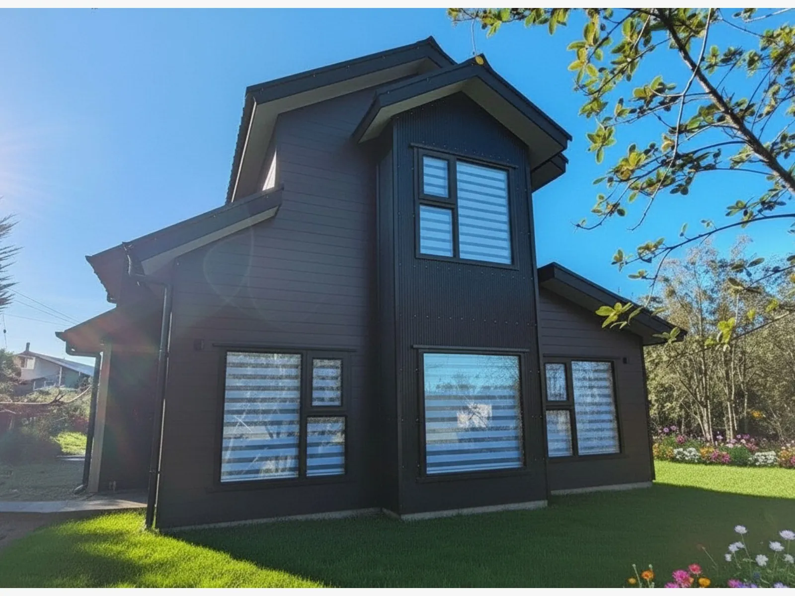 Vivienda de diseño moderno con revestimiento oscuro y jardín